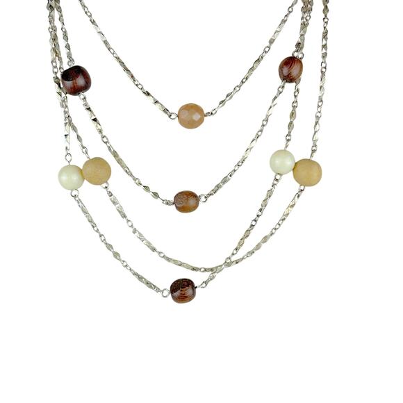 Express Sterling Silver 3-Tier Layered‎ Necklace – Wood Bead Accents, Adjustable - Picture 2 of 4